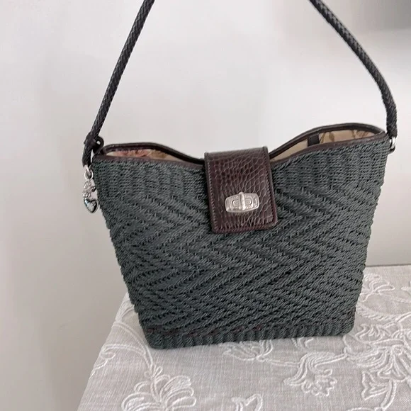 Brighton EUC Raffia Green Woven/Brown Leather Shoulder Bag - Picture 2 of 16